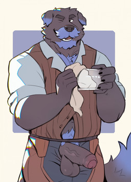 anthro balls black_body black_fur blue_body blue_fur body_hair bottomwear chaps chest_hair clothed clothing erection facial_hair foreskin fur genitals holding_glass holding_object humanoid_genitalia humanoid_penis male male_anthro muscular muscular_anthro muscular_male one_eye_closed open_bottomwear open_clothing open_pants pants partially_clothed partially_clothed_anthro partially_clothed_male penis pubes simple_background solo tail vein veiny_penis wink gol1ath braxe bird_dog canid canine canis domestic_dog hunting_dog labrador mammal retriever 2025 hi_res