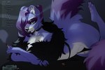 anthro boa_(clothing) choker clothed clothing drugs female fur grey_background hair hair_over_eye half-closed_eyes jewelry lips lying marijuana marijuana_blunt markings narrowed_eyes necklace on_front panties panties_down partially_clothed pawpads paws pose purple_body purple_fur purple_hair purple_pawpads simple_background smoke smoking smoking_marijuana solo striped_markings striped_tail stripes tail tail_markings thick_bottom_lip underwear underwear_down white_body white_fur ghostli mammal procyonid raccoon pinup