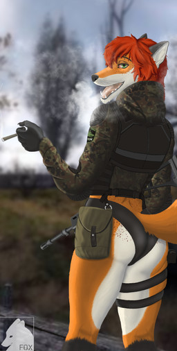 anthro black_briefs black_clothing black_underwear briefs butt camo cigarette clothed clothing detailed_background drugs exhaling_smoke fingerless_gloves fox_tail freckled_butt freckled_face freckles fur g36 gloves green_eyes gun hair handwear holding_a_weapon led_butt male marijuana multicolored_body multicolored_fur nudist partially_clothed patch_(fabric) piercing plumes_of_smoke ranged_weapon red_body red_fur red_hair smoking smoking_marijuana solo tactical_gear underwear weapon foxolex s.t.a.l.k.e.r. vinokur canid canine fox mammal absurd_res hi_res