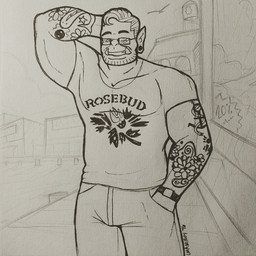 clock clothed clothing ear_piercing eyewear glasses grin hair male muscular muscular_humanoid muscular_male not_furry piercing shirt smile solo tattoo topwear tusks watch alexyorim citizen_kane orctober humanoid orc 1:1 2016 hi_res monochrome sketch traditional_media_(artwork)