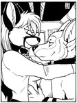 2013 anthro bedroom_eyes bethany_oakwood breasts canid canine canis chakona_space clothed clothing coyote duo english_text eye_contact female fox fur greyscale hair looking_at_another male male/female mammal martin_yote monochrome narrowed_eyes rick_griffin seductive sketch text