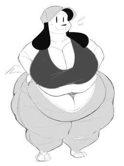 3_toes anthro barefoot belly belly_rolls big_belly big_breasts biped black_nose breasts chubby_cheeks cleavage clothed clothing collarbone crop_top deep_navel fat_rolls feet female floppy_ears front_view hand_on_hip hat headgear headwear huge_hips huge_thighs legwear navel obese obese_anthro obese_female overweight overweight_anthro overweight_female shirt simple_background smile solo standing tank_top thick_thighs tight_clothing toes topwear white_background white_body wide_hips aimbot-jones gamer_dog canid canine canis domestic_dog mammal 2021 digital_media_(artwork) hi_res monochrome