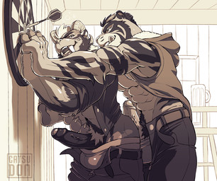abs against_surface against_wall anthro athletic bar belt biceps big_penis bottomwear bottomwear_down clothed clothing dartboard drunk duo erection fangs foreskin fur genitals glans hand_on_belly hoodie horn hot_dogging humanoid_genitalia humanoid_penis inside interlocked_fingers licking licking_lips looking_back male male/male navel open_bottomwear open_clothing open_pants open_shirt open_topwear pants pants_down partially_clothed partially_retracted_foreskin pecs penis pubes public public_erection sabertooth_(anatomy) self_lick sex shirt smile standing striped_body striped_fur stripes substance_intoxication teeth tongue tongue_out topwear underwear underwear_down vein veiny_penis catsudon brouxir yakitora_(catsudon) canid canine felid hybrid mammal pantherine prehistoric_species saber-toothed_tiger tiger