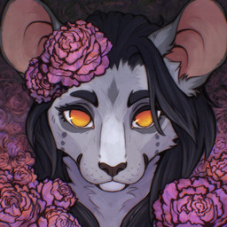 anthro black_eyebrows black_hair black_nose eyebrows eyelashes female flower fur grey_body grey_fur grey_hair hair long_eyelashes long_hair peony_(flower) pink_flower plant round_ears solo spots yellow_eyes tashiroth domestic_cat felid feline felis hybrid mammal mouse murid murine rodent 1:1 headshot_portrait hi_res icon portrait