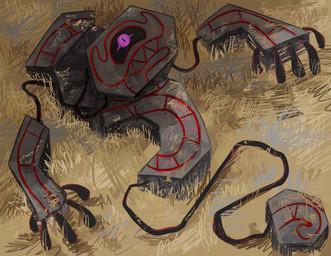 1_eye ambiguous_gender grass lying lying_on_ground on_back on_ground plant rock sprawled 24no71 nintendo pokemon elemental_creature generation_8_pokemon ghost mineral_fauna pokemon_(species) rock_creature runerigus spirit hi_res