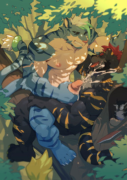 anthro crotch_grab dappled_light duo ejaculation eyes_closed forest forest_background genitals grope hand_on_crotch handjob light male male/male muscular muscular_anthro muscular_male nature nature_background nipples penile penis plant sex sunlight tail tongue tongue_out tree zixiong hi_res