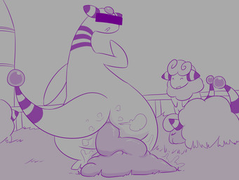 ambiguous_gender ambiguous_pooping anthro anus butt censor_bar censored_eyes eyes_closed fart fart_cloud feces feces_on_ground feces_pile feral forehead_gem fur gem grass group looking_back open_mouth outside plant pooping pooping_on_floor raised_tail scatplay sleeping standing striped_body stripes tail tail_orb wool_(fur) dendollae nintendo pokemon ampharos flaaffy generation_2_pokemon mareep pokemon_(species) 4:3 monochrome