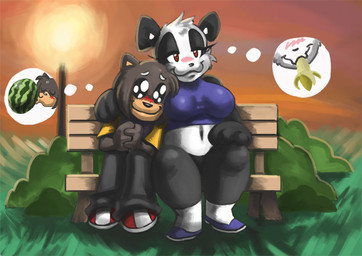 anthro banana blush breasts dialogue duo female food food_fetish fruit grass melon overweight plant romantic romantic_ambiance romantic_couple shrub suggestive suggestive_food text watermelon bittenhard bear canid canine giant_panda mammal pictographics