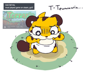 3_fingers 3_toes ambiguous_gender anthro ask_blog bodily_fluids brown_body brown_ears brown_fur brown_nose brown_stripes brown_tail brown_tail_tip clean_diaper clothed clothing dialogue diaper diaper_only dipstick_tail ellipsis feet fingers fur grass high-angle_view leg_markings markings multicolored_body multicolored_fur plant screencap simple_background socks_(marking) solo striped_body striped_fur stripes sweat tail tail_markings tan_body tan_fur tan_inner_ear text toes topless two_tone_tail wearing_diaper white_background white_diaper yellow_body yellow_fur yellow_tail boredomwithfriends steam_(software) terraria valve ace_(boredomwithfriends) felid mammal pantherine tiger english_text full-length_portrait hi_res portrait