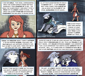 4_fingers 4_toes age_difference anthro black_nose blue_body blue_eyes blue_fur brown_body brown_fur brown_hair clenched_teeth cloak clothed clothed_anthro clothed_male clothing dialogue feet female fingers flashback fur grey_body grey_fur group hair hindpaw humanoid_hands male multicolored_body multicolored_fur paws shaking shirt speech_bubble tail teeth temple text toes tongue topwear trauma traumatized trembling tunic two_tone_body two_tone_fur white_body white_fur spiritofash andreas_(spiritofash) canid canine canis mammal wolf comic english_text hi_res