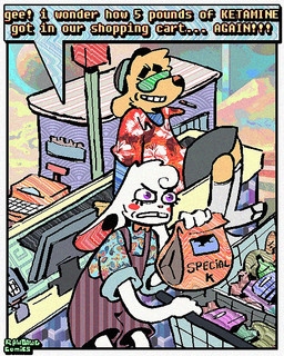 aloha_shirt annoyed anthro bottomwear bow_tie cheek_spots cigarette cigarette_in_mouth clothing dialogue duo ears_down eyewear flip_flops floppy_ears footwear fur grin half-closed_eyes humor male narrowed_eyes nervous nervous_smile object_in_mouth overalls pattern_clothing pattern_shirt pattern_topwear pivoted_ears sandals shirt shoes shopping_cart shorts smile smoking_tobacco speech_bubble sunglasses text topwear white_body white_fur yellow_body yellow_fur rawdawgcomics bingus_(rawdawgcomics) stahli_(rawdawgcomics) bird_dog canid canine canis domestic_dog golden_retriever hunting_dog lagomorph leporid mammal rabbit retriever 4:5 english_text hi_res