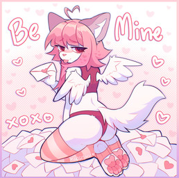 ahoge ambiguous_gender anthro blep blush blush_lines border butt clothing crop_top eyelashes feathered_wings feathers fluffy fluffy_tail footwear fur gradient_border hair heart_symbol holidays letter long_hair looking_at_viewer looking_back looking_back_at_viewer love_letter pawpads paws pink_hair pink_pawpads rear_view red_eyes shirt simple_background sitting sleeveless_clothing socks solo stirrup_socks tail text thick_thighs thong tongue tongue_out topwear underwear white_body white_fur wings maggishii valentine's_day domestic_cat felid feline felis mammal 2026 absurd_res digital_drawing_(artwork) digital_media_(artwork) english_text hi_res shaded signature