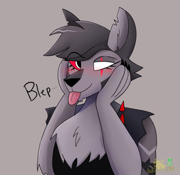 anthro arm_tattoo blep blind_eye blush blush_lines crossgender empty_eyes eye_scar facial_scar female fur grey_background grey_body grey_fur grey_hair hair hand_on_cheek logo mtf_crossgender notched_ear red_sclera scar simple_background solo tattoo text tongue tongue_out torn_sleeves white_eyes thegiftedfire hellaverse helluva_boss mythology vortex_(helluva_boss) canid canid_demon canine demon hellhound mammal mythological_canine mythological_creature 2024 artist_logo artist_name half-length_portrait hi_res portrait