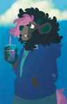 anthro beverage blue_sky claws clothed clothing container cup fluffy fluffy_hair green_claws hair hand_in_pocket hoodie horn jacket jewelry long_teeth male mane mane_hair necklace pink_hair pink_tail pockets ringed_ears ringed_eyes ringed_horn sky snaggle_tooth solo tail topwear upside_down nullenv asian_mythology east_asian_mythology mythology chai_the_foobear canid foo_dog hybrid mammal monster absurd_res hi_res