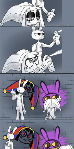 anthro clothed clothing drawing_(object) duo female fool's_hat hat headgear headwear jester male paint sad smile speech_bubble spray_paint standing text upset wall_(structure) absolutedream glitch_productions the_amazing_digital_circus jax_(tadc) pomni_(tadc) human lagomorph leporid mammal rabbit absurd_res comic english_text hi_res long_image tall_image