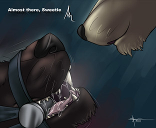 ambiguous_gender bdsm bit_gag black_body black_fur bodily_fluids bondage bound dialogue dominant drooling duo fangs fur gag gagged mouth_shot muzzle_(object) muzzled open_mouth saliva teeth text tongue whiskers aennor biscuit_(aennor) xander_(aennor) canid canine canis fennec_fox fox mammal true_fox wolf digital_media_(artwork) english_text