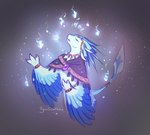 4_ears ambiguous_gender anthro blue_body blue_feathers clothing countershading feathered_crest feathered_wings feathers green_body head_crest jewelry multi_ear solo winged_arms wings wisps tigersnowflake luvashi avali hi_res female_(lore)