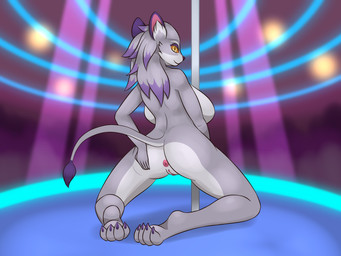 anthro anus big_breasts breasts butt countershading female fur genitals grey_body grey_fur hair huge_breasts kneeling looking_at_viewer pole presenting presenting_anus purple_hair raised_tail simple_background solo spread_legs spreading stage strip_club stripper_pole tail vulva johnmarten mana_(series) square_enix trials_of_mana belladonna_(trials_of_mana) domestic_cat felid feline felis mammal 4:3 absurd_res hi_res