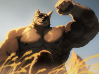 anthro barazoku blue_sky brown_body brown_fur brown_penis flexing flexing_bicep front_view fur genitals glistening glistening_eyes green_eyes humanoid_genitalia humanoid_penis looking_at_viewer male mouth_closed muscular muscular_anthro muscular_male narrowed_eyes nipples nude outside pecs penis sky solo torn_ear whiskers dust_yang canid canine mammal 4:3 absurd_res hi_res