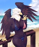 4_fingers american_flag american_flag_bikini anthro beach beak big_breasts bikini bikini_pull biped black_claws black_eyebrows bottomwear breasts brown_body brown_feathers brown_wings claws cleavage clothed clothing clothing_pull cloud curvy_figure day detailed_background eyebrows eyelashes feathered_wings feathers feet female finger_claws fingers flag flag_bikini flag_clothing flag_print flag_swimwear front_view fully_clothed hourglass_figure light midriff multicolored_body multicolored_feathers navel non-mammal_breasts outside pose print_bikini print_clothing print_swimwear railing raised_hand sand sea seaside shadow skimpy sky smile solo sunlight swimwear swimwear_pull tail tail_feathers talons thick_thighs toes topwear two-piece_swimsuit two_tone_body two_tone_feathers united_states_of_america water white_body white_feathers white_tail wide_hips winged_arms wings yellow_beak yellow_eyes 30clock american_eagle accipitrid accipitriform avian bald_eagle bird eagle sea_eagle 2021 digital_media_(artwork) hi_res lighting pinup shaded translated_description