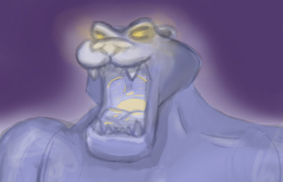 anthro blue_body glowing glowing_eyes male muscular muscular_male open_mouth sharp_teeth solo teeth tongue uvula yellow_eyes isthetaste0 disney disney's_aladdin cave_of_wonders felid mammal pantherine