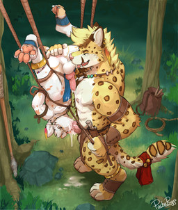 anal anal_fingering animal_genitalia animal_penis anklet anthro anthro_on_anthro anthro_penetrated anthro_penetrating anthro_penetrating_anthro arm_tuft balls barbell_piercing bdsm blonde_hair bodily_fluids body_hair bondage bottomwear bottomwear_aside bound canine_genitalia canine_penis cheek_tuft clothing clothing_aside countershading crotch_apron cum cum_in_mouth cum_inside cum_on_chest cum_on_ground cum_on_own_penis cum_on_penis cum_on_self duo ear_piercing ear_ring elbow_tuft erection eyes_closed facial_hair facial_tuft feathers fellatio fingered_while_fellating fingering fur genital_fluids genitals goatee hair happy_trail jewelry knot loincloth loincloth_aside male male/male male_fingered male_fingering male_fingering_male male_penetrated male_penetrating male_penetrating_male markings necklace nipple_barbell nipple_piercing nipples oral oral_penetration orange_body orange_fur outside_sex penetration penile penis penis_in_mouth perineum piercing pink_nipples pink_nose pink_penis questionable_consent restraints ring_piercing rope rope_bondage sex spots spotted_arms spotted_body spotted_fur spotted_legs spotted_markings spotted_tail standing standing_sex tail tail_markings tongue tribal tuft upside_down vein veiny_penis white_body white_fur white_hair yellow_body yellow_fur pache_riggs therris canid canine canis domestic_dog felid leopard mammal pantherine absurd_res hi_res signature