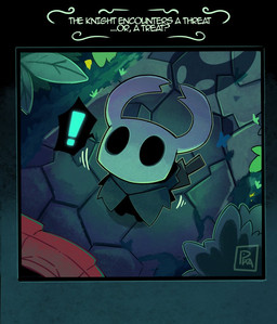 black_cloak black_clothing cloak clothing duo exclamation_point female first_person_view high-angle_view horned_mask looking_up male nail_(weapon) outside path size_difference solo speech_box tremble_lines white_mask pixzapix hollow_knight_(franchise) team_cherry hornet_(hollow_knight) the_knight_(hollow_knight) arthropod vessel_(species) 2025 signature