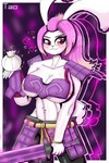 abs anthro armor big_breasts breasts clothed clothing female food fur hair holding_food holding_object huge_breasts leggings legwear long_hair melee_weapon pink_hair solo sword under_boob weapon white_body white_fur wide_hips crackstantin gunfire_reborn tao_(gunfire_reborn) lagomorph leporid mammal rabbit 2:3 absurd_res hi_res
