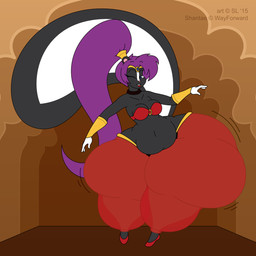 anthro belly belly_dancer belly_dancer_outfit belly_overhang big_butt blue_eyes bottomwear butt choker clothing copyright_symbol cosplay female footwear hair huge_butt huge_hips huge_thighs hyper hyper_hips hyper_thighs jewelry navel necklace one_eye_closed overweight overweight_anthro ponytail purple_hair shoes solo symbol thick_thighs topwear wide_hips wink satsumalord shantae_(series) wayforward chelsea_(satsumalord) shantae mammal mephitid skunk 1:1 2015 digital_media_(artwork) hi_res