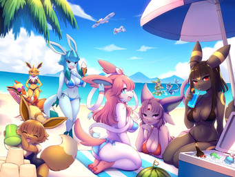 anthro beach beach_chair beach_towel beach_umbrella beverage bikini breasts bucket butt cleavage clothed clothing cloud container cooler day dessert evolutionary_family female food fruit fur group hair ice ice_cream ice_cream_cone ice_cube melon mountain neck_tuft one-piece_swimsuit open_mouth palm_tree parasol plant playing sand_castle sarong sculpture sea seaside side_boob sky splashing_water swimwear tail towel tree tuft two-piece_swimsuit water watermelon conditional_dnp crunchobar nintendo pokemon avian bird canid eevee eeveelution espeon flareon generation_1_pokemon generation_2_pokemon generation_3_pokemon generation_4_pokemon generation_6_pokemon glaceon jolteon leafeon mammal pokemon_(species) sylveon umbreon vaporeon wingull 4:3 digital_media_(artwork) hi_res