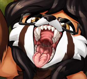 anthro bodily_fluids eyewear fangs glasses male mouth_shot open_mouth saliva saliva_on_tongue sharp_teeth solo teeth throat tongue tongue_out muhny ailurid mammal red_panda hi_res