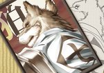 anthro barazoku biped brown_body brown_fur brown_nose clothed clothing fur kemono male solo text ghq hukuroushi bleach_(series) sajin_komamura canid canine canis mammal wolf 2005 archived_source