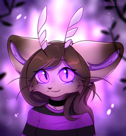 anthro blurred_background brown_body brown_ears brown_fur brown_hair cheek_tuft choker clothed clothing facial_tuft fangs female fur hair inner_ear_fluff jewelry long_ears looking_at_viewer mouth_closed necklace pattern_clothing pattern_topwear pupils purple_eyes purple_inner_ear_fluff slit_pupils solo striped_clothing striped_topwear stripes teeth topwear tuft bloominglynx arthropod felid hybrid insect lepidopteran mammal moth absurd_res bust_portrait hi_res portrait