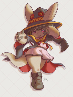 5_fingers ambiguous_gender anthro bangs belt_buckle boots brown_boots brown_clothing brown_footwear buckle button_(fastener) cape cheek_spots clothed clothed_ambiguous clothed_anthro clothing cosplay crossover_cosplay dress ears_through_headwear eyebrows fangs fingers fluffy fluffy_tail footwear front_view fur gem gesture glistening glistening_eyes grey_hair hair hand_gesture hat headgear headwear horizontal_pupils looking_aside necktie open_mouth open_smile pattern_background pattern_necktie pink_clothing pink_dress pupils red_eyes rope shoes simple_background smile solo standing striped_necktie tail tan_body tan_fur tan_inner_ear tan_tail teeth thick_thighs v_sign whiskers wide_hips witch_hat keimura_ksong_(artist) konosuba:_god's_blessing_on_this_wonderful_world! made_in_abyss megumin_(konosuba) nanachi lagomorph leporid mammal narehate rabbit 2025 absurd_res crossover full-length_portrait hi_res portrait shaded signature