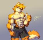 abs anthro biceps cheek_tuft clothed clothing countershading facial_tuft fangs front_view fur gesture gradient_background grin hair hand_gesture looking_at_viewer male multicolored_body multicolored_fur muscular muscular_anthro muscular_male orange_body orange_fur pecs pose pubes scar short_hair simple_background smile solo standing teeth thumbs_up topless tuft two_tone_body two_tone_fur v-cut white_body white_countershading wolfmalro jeurantaes canid canine mammal 2017 portrait three-quarter_portrait