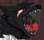 anthro black_body black_flesh black_fur bodily_fluids duo fur head_first male markings mouth_shot open_mouth oral_vore red_eyes red_markings red_sclera red_tongue saliva saliva_string solo teeth tongue tongue_out vore white_markings cornus kurai_(sgtmiller1233) canid canine canis mammal wolf hi_res