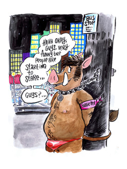 anthro armband bdsm bottomwear bound brown_body brown_fur brown_hair bulge chain chain_leash chained clothed clothing collar collar_tag dialogue fur group hair hands_behind_back humiliation leash male nipples overweight petplay pink_nipples public public_humiliation public_use red_bottomwear red_clothing roleplay skimpy solo_focus speech_bubble spiked_collar spikes text topless tusks underwear billy_fore wild-dude mammal suid suine sus_(pig) wild_boar 3:4 colored english_text hi_res marker_(artwork) traditional_media_(artwork)