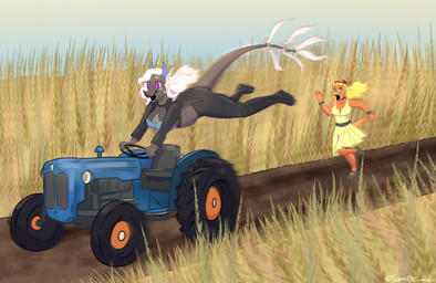 5_fingers accessory anthro big_breasts black_boots black_bottomwear black_clothing black_footwear black_jacket black_pants black_topwear blonde_hair blue_clothing blue_topwear blue_tube_top boots bottomwear breasts clothing derp_eyes detailed_background dress driving duo facial_horn fake_horns female fingers fishnet_clothing fishnet_topwear footwear freckled_shoulders freckles grey_body grey_eyes grey_scales hair hair_accessory hairband horn jacket leather leather_clothing leather_jacket leather_topwear long_hair long_tail midriff nose_horn open_mouth open_smile orange_body orange_scales outside pants purple_eyes running scales shoes smile snout tail text topwear tractor tube_top vehicle white_hair yellow_clothing yellow_dress scaredofbunnies cavemanon_studios snoot_game fan_character heather_(snoot_game) vee_(veedway) acrocanthosaurus allosauroid carcharodontosaurid dinosaur prehistoric_species reptile saurischian scalie theropod troodon troodontid 2025 artist_name digital_drawing_(artwork) digital_media_(artwork) hi_res watermark