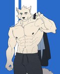 abs anthro armpit_hair barazoku biceps body_hair canid canine canis clothed clothing ear_piercing fox fur happy_trail hi_res male mammal muscular muscular_anthro muscular_male neeksaki pajamas pecs piercing silver_(remember_the_flowers) solo topless white_body white_fur wolf