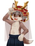 anthro armor clothed clothing headgear headwear helmet kabuto_(helmet) male navel open_mouth simple_background solo topless white_background kintubaovo canid canine mammal hi_res