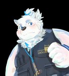 anthro belly blue_eyes blush bracelet clothing eyebrows fur jewelry male necklace overweight overweight_male solo thick_eyebrows topknot topwear vest white_body white_fur tengzai05 lifewonders live_a_hero yohack canid canine canis domestic_dog mammal hi_res