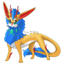 4_toes ambiguous_feral ambiguous_gender antlers beady_eyes black_nose blue_body blue_fur blue_tail_tuft cheek_tuft facial_markings facial_tuft feet feral fur gem head_markings horn light long_ears long_tail long_torso looking_at_viewer markings mouthless multicolored_body multicolored_fur orange_body orange_fur orange_tail paws red_antlers red_inner_ear scales simple_background solo standing tail tail_tuft teal_eyes toes tuft white_background white_body white_markings white_scales gaelfox fakemon nintendo pokemon drakeon fakeveelution fan_species pokemon_(species) 2013 colored digital_drawing_(artwork) digital_media_(artwork) english_description full-length_portrait hi_res lighting portrait shaded
