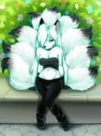 4_toes anthro barefoot big_breasts biped black_nose blush breasts choker cleavage clothed clothing digitigrade feet female flower fluffy fluffy_tail hair hair_over_eye jewelry long_hair multi_tail navel necklace one_eye_obstructed plant purple_eyes sitting smile solo tail toes topwear tube_top white_hair wide_hips spazzykoneko shiori_shi arctic_fox canid canine fox mammal true_fox 3:4 digital_media_(artwork) hi_res shaded