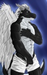 abs anthro athletic biceps big_muscles biped black_body black_skin blue_background blue_eyes bottomwear bottomwear_down clothed clothing clothing_pull fangs feathered_wings feathers front_view grey_body grey_hair grey_skin hair horn male muscular muscular_anthro muscular_male pants pants_down partially_clothed pec_grab pecs pose scales shorts simple_background solo standing tail teeth topless underwear underwear_pull undressing white_body white_hair white_skin wings xxzerkkandragonxx european_mythology mythology rega dragon feathered_dragon feathered_scalie mythological_creature mythological_scalie reptile scalie western_dragon