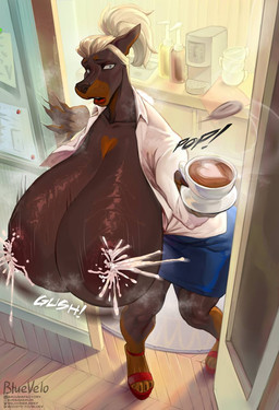 anthro areola beverage big_areola big_breasts black_nose blonde_hair blue_eyes bodily_fluids bottomwear breasts brown_body brown_fur clothed clothing coffee coffee_cup container cup eyebrows female footwear fur hair high_heels huge_breasts hyper hyper_breasts lactating latte_art lipstick looking_at_viewer makeup milk nipples office open_clothing open_shirt open_topwear red_clothing red_footwear red_high_heels red_lipstick secretary shirt shoes skirt smile solo sweat text topwear bluevelo canid canine canis dobermann domestic_dog mammal pinscher digital_media_(artwork) hi_res