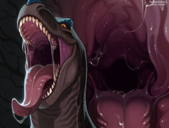 anthro bodily_fluids brown_body drooling fangs female feral grey_body male mouth_shot open_mouth pink_mouth predator/prey saliva scales sight snout solo spikes teeth throat tongue tongue_out vore yellow_eyes hoffersanchez dinosaur prehistoric_species reptile saurischian scalie theropod tyrannosaurid tyrannosauroid tyrannosaurus tyrannosaurus_rex hi_res
