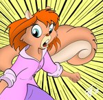 anthro blue_eyes brown_body brown_fur clothed clothing female fluffy fluffy_tail fur hair motion_lines open_mouth orange_hair red_nose solo tail teeth chris_fischer chip_'n_dale_rescue_rangers disney tammy_squirrel mammal rodent sciurid tree_squirrel 2006