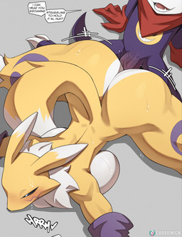 anthro anthro_on_anthro armwear athletic athletic_anthro athletic_female big_breasts big_butt black_sclera blue_eyes blush bodily_fluids breasts butt clothing dialogue duo elbow_gloves erection feet female female_penetrated from_behind_position genitals gloves handwear hankerchief huge_butt larger_female larger_penetrated larger_sub male male/female male_penetrating male_penetrating_female neck_tuft penetration penis secretly_loves_it sex sitting size_difference smaller_male spread_legs spreading submissive sweat sweaty_breasts sweaty_butt text toes tuft vaginal vaginal_penetration vein veiny_penis wide_hips cooliehigh bandai_namco digimon canid canine digimon_(species) fox imp impmon mammal renamon 2025 absurd_res english_text hi_res