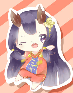 abstract_background chibi clothing female hair horn long_hair one_eye_closed open_mouth open_smile outline pink_tongue purple_hair red_clothing smile solo tongue white_outline wink deaic horned_humanoid humanoid