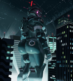 backsack balls big_butt building butt genitals glans glowing glowing_eyes humanoid_genitalia humanoid_penis machine macro male not_furry penis solo fluffedwings gundam mobile_suit_gundam_gquuuuuux zaku_ii robot digital_media_(artwork) digital_painting_(artwork) hi_res painting_(artwork)